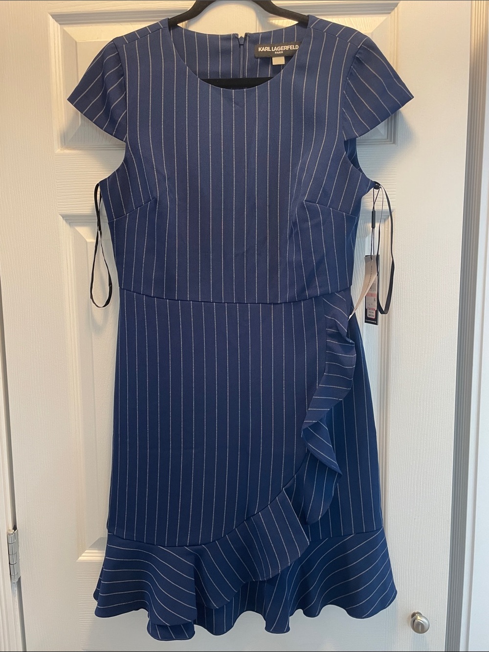 Karl Lagerfeld Blue Pinstripe Ruffle Midi Dress